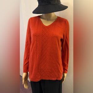 Talbots red sweater, cable knitting on the front. Sz.MP. 100% Cotton.